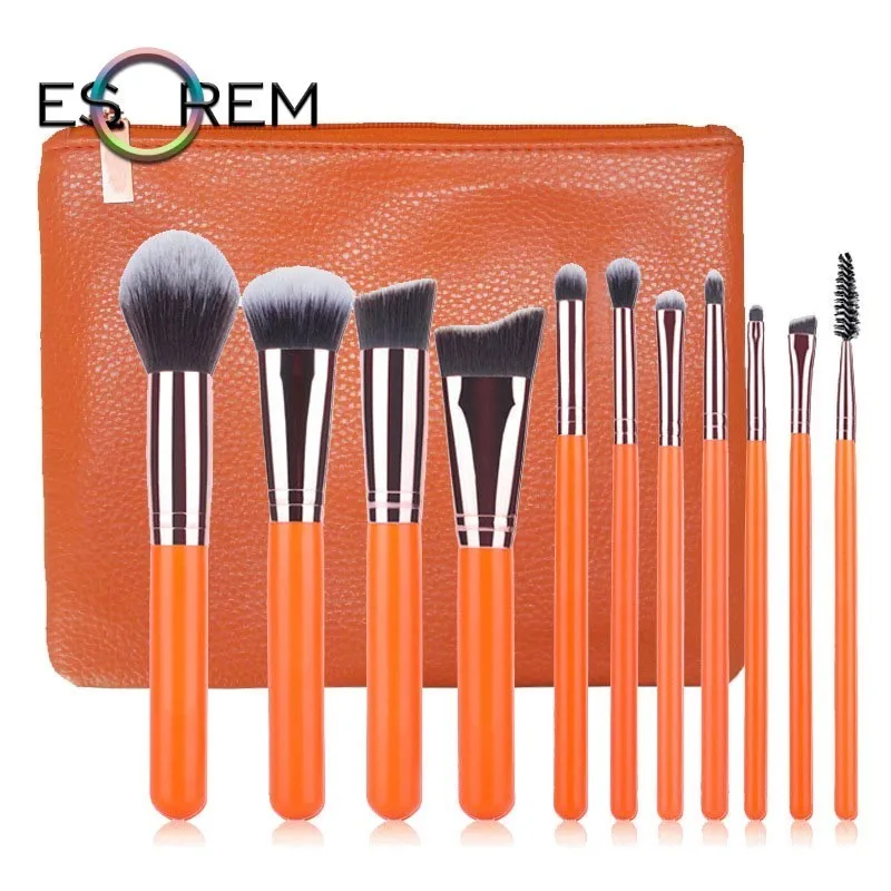 

ESOREM 11pcs Makeup Brushes Synthetic Orange Wood Handle Cosmetic Brush Set Stippling Angled Shading Brochas Maquillaje 062703