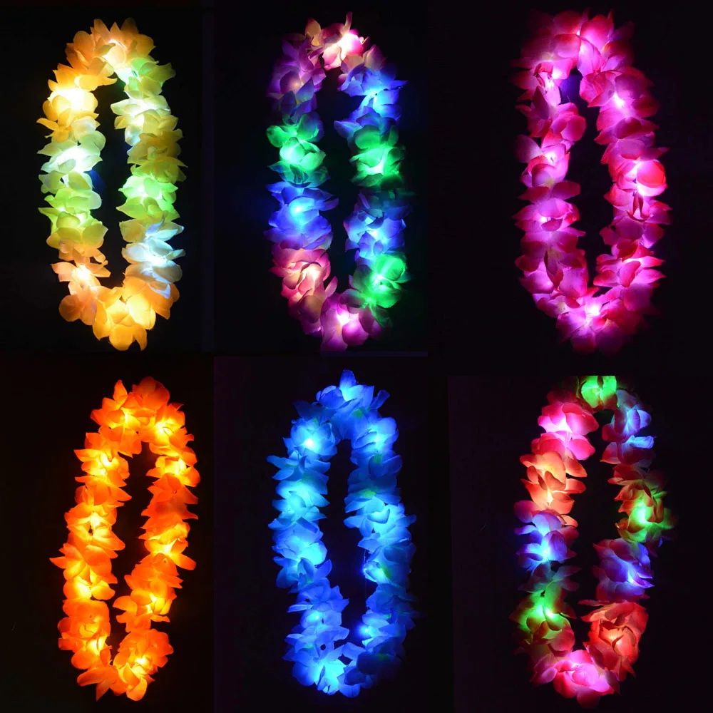 빛나는 LED가 하와이 훌라 루아 꽃 레이스 갈 랜드 목걸이 꽃 화환 웨딩 레이브 네온 생일 파티 장식