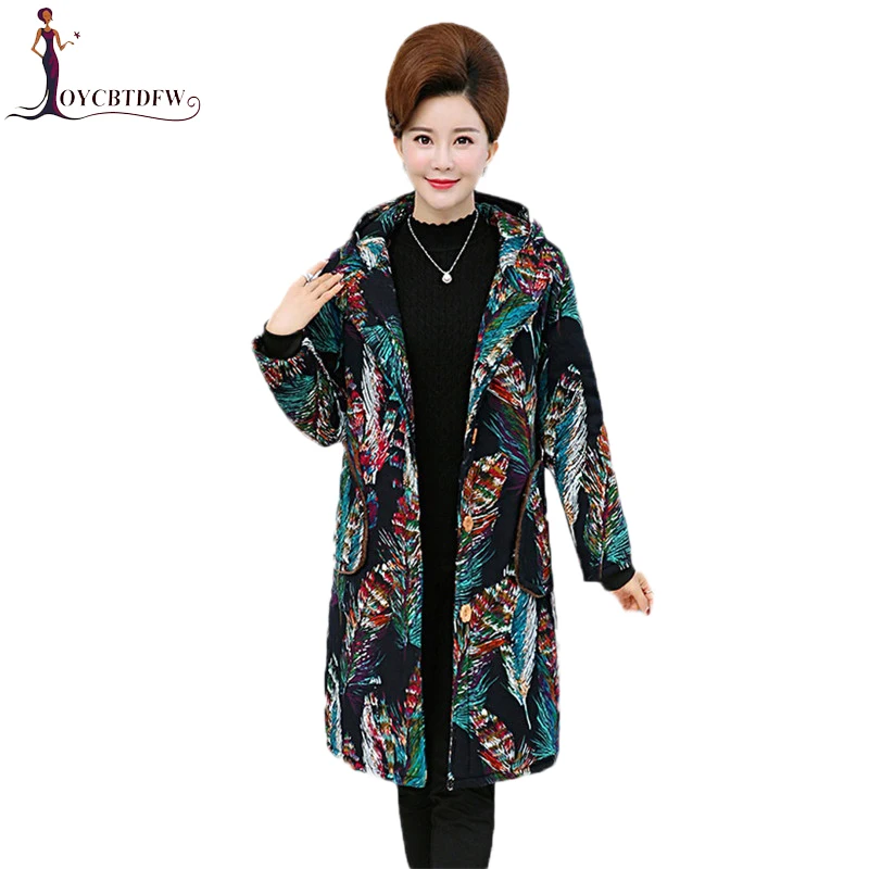

Winter Jacket New Mid Long Women Thick Cotton Overcoat Loose Warm Single breasted Printing hooded coat Large size XL-6XL LDT648