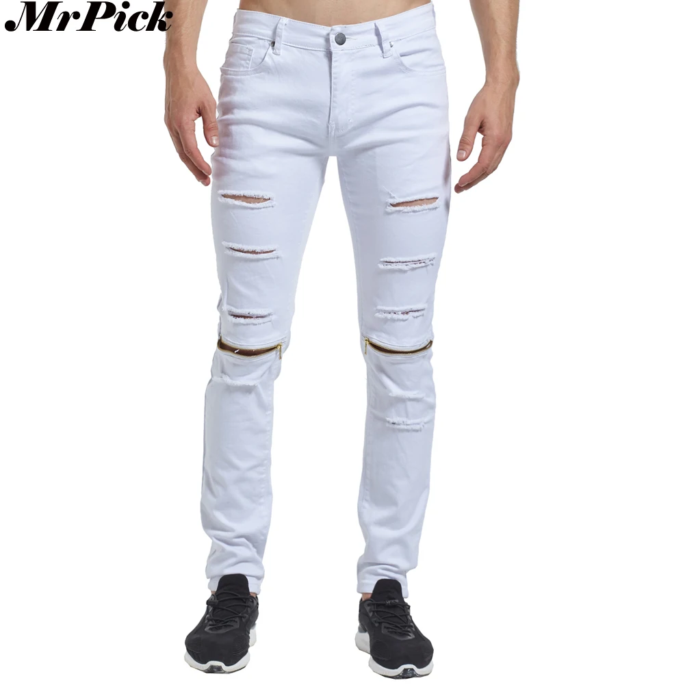 2017 Ripped Distressed Knee Zipper Skinny Jeans Fashion Casual Designer ...