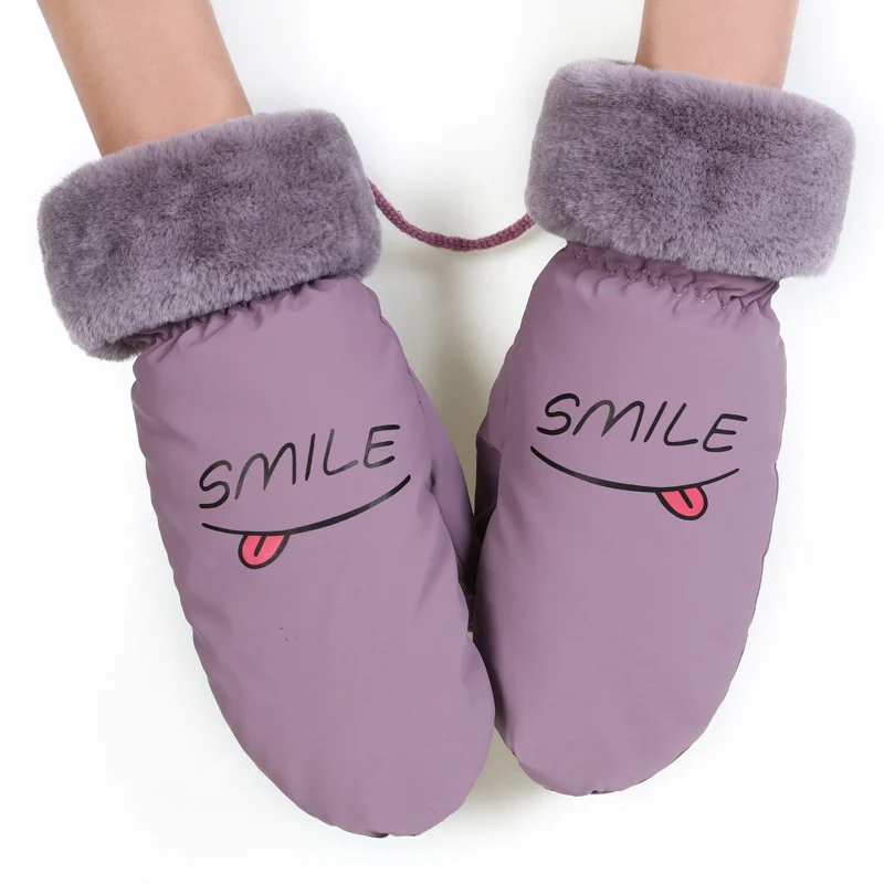 

Winter Female Plus Plush Thick Warm Sports Skiing Mittens Women Cute Bear Print Imitation Leather Surface Windproof Gloves 84AB