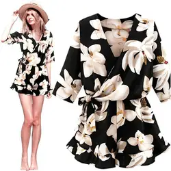 2019 новые модные женские туфли плюс размеры из шифона с цветочным принтом Playsuit Клубная одежда с v-образным вырезом Bodycon Вечерние партия