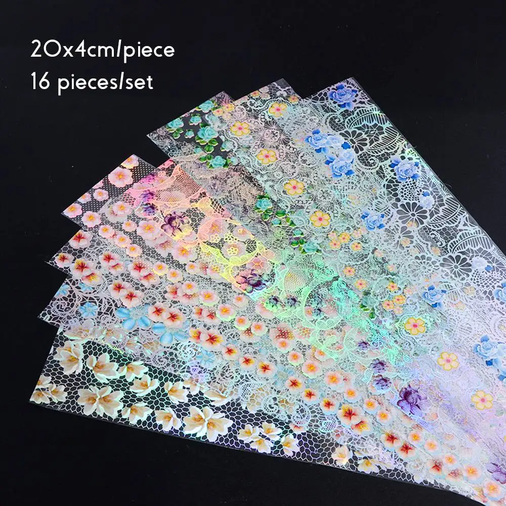 16pcs Nail Foil Set with Transfer Glue White Lace Holographic Flowers Sticker Nail Art UV Gel Full Wraps Decor Manicure LA931-1 - Цвет: 931