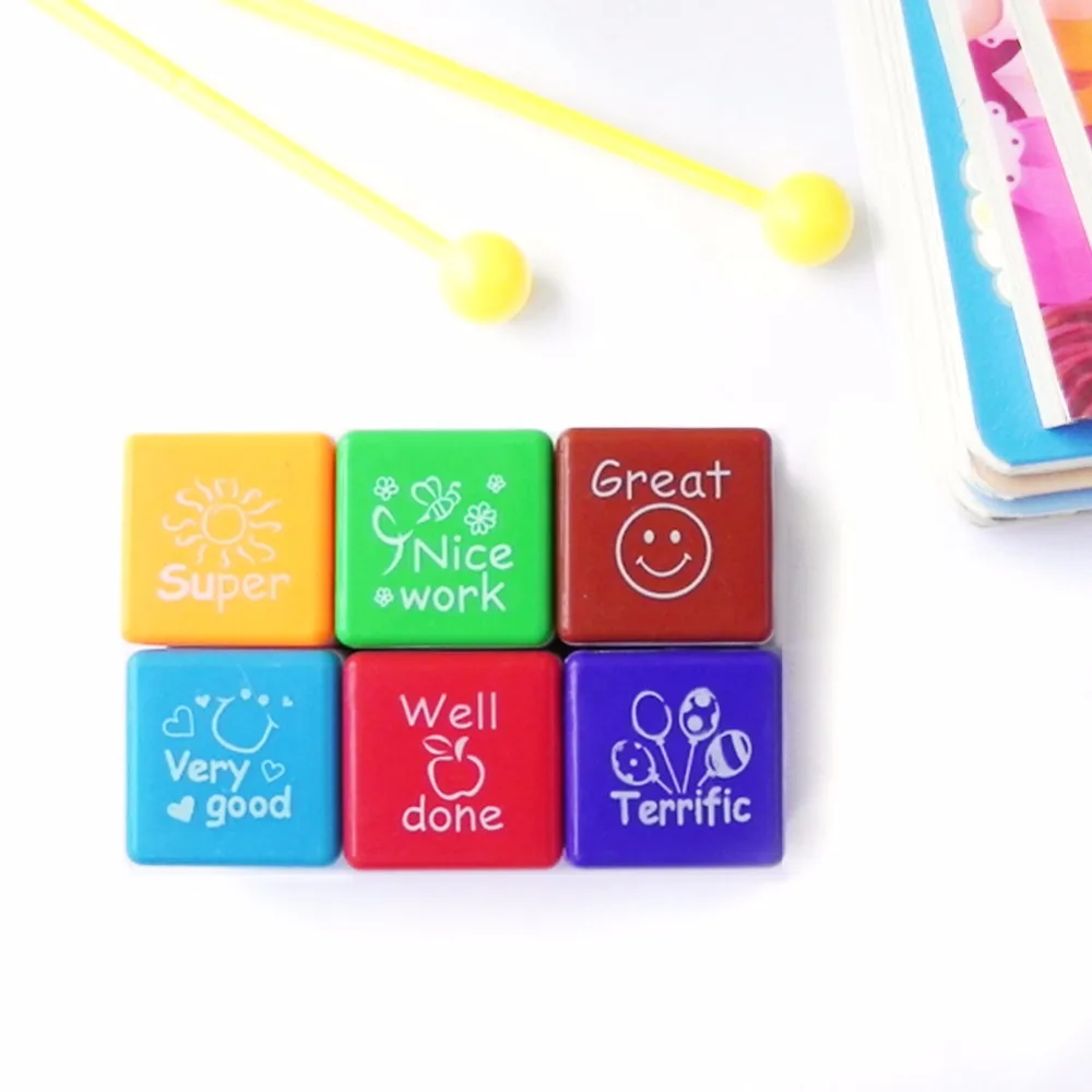 DECORA 6pcs Round Wood Rubber Stamp for School Teachers English Toy Stamp