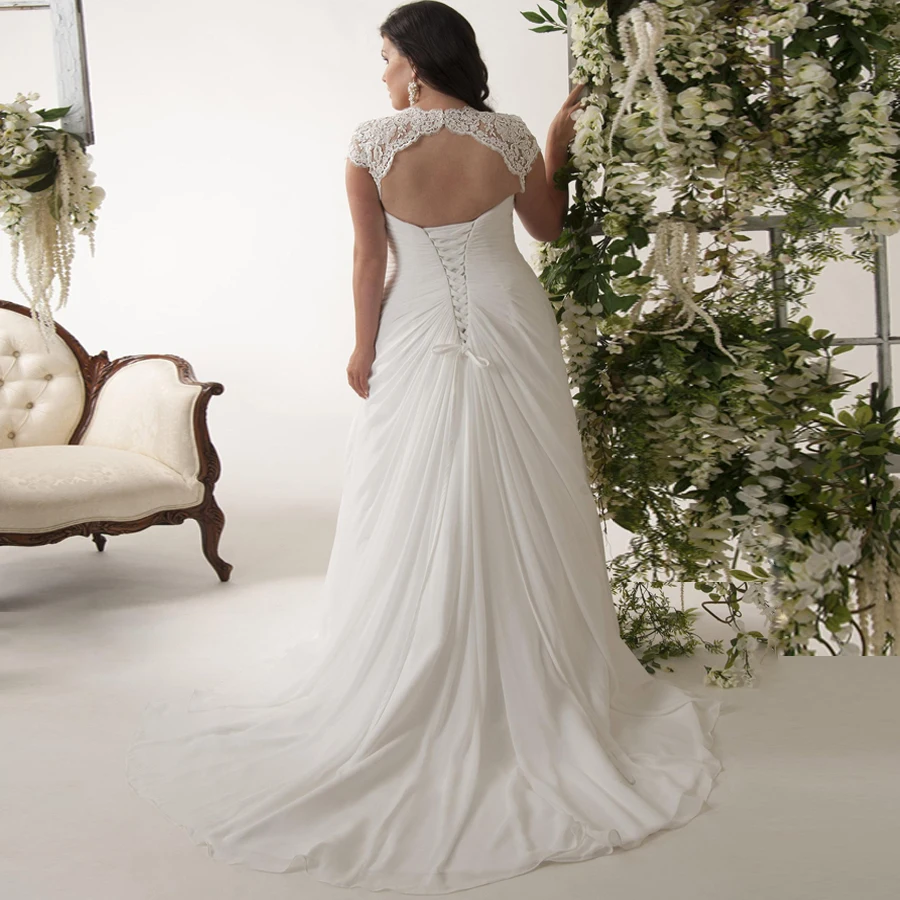 US $57.90 Jiayigong Cheap Plus Size Wedding Dresses Stock Cap Sleeve VNeck Lace Applique Chiffon Beach Wedding Dress Vestido De Novia