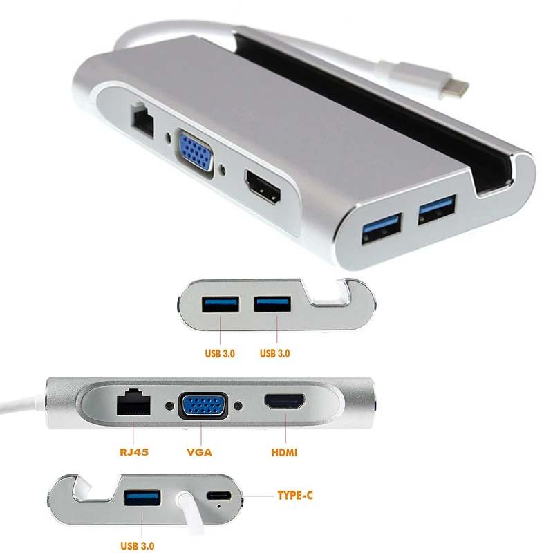 Baolyda usb type C адаптер Thunderbolt HDMI VGA Ethernet USB PD зарядка USB C к HDMI 4K адаптер для MacBook Pro huawei MateBook - Цвет: USB C 7in1 silver