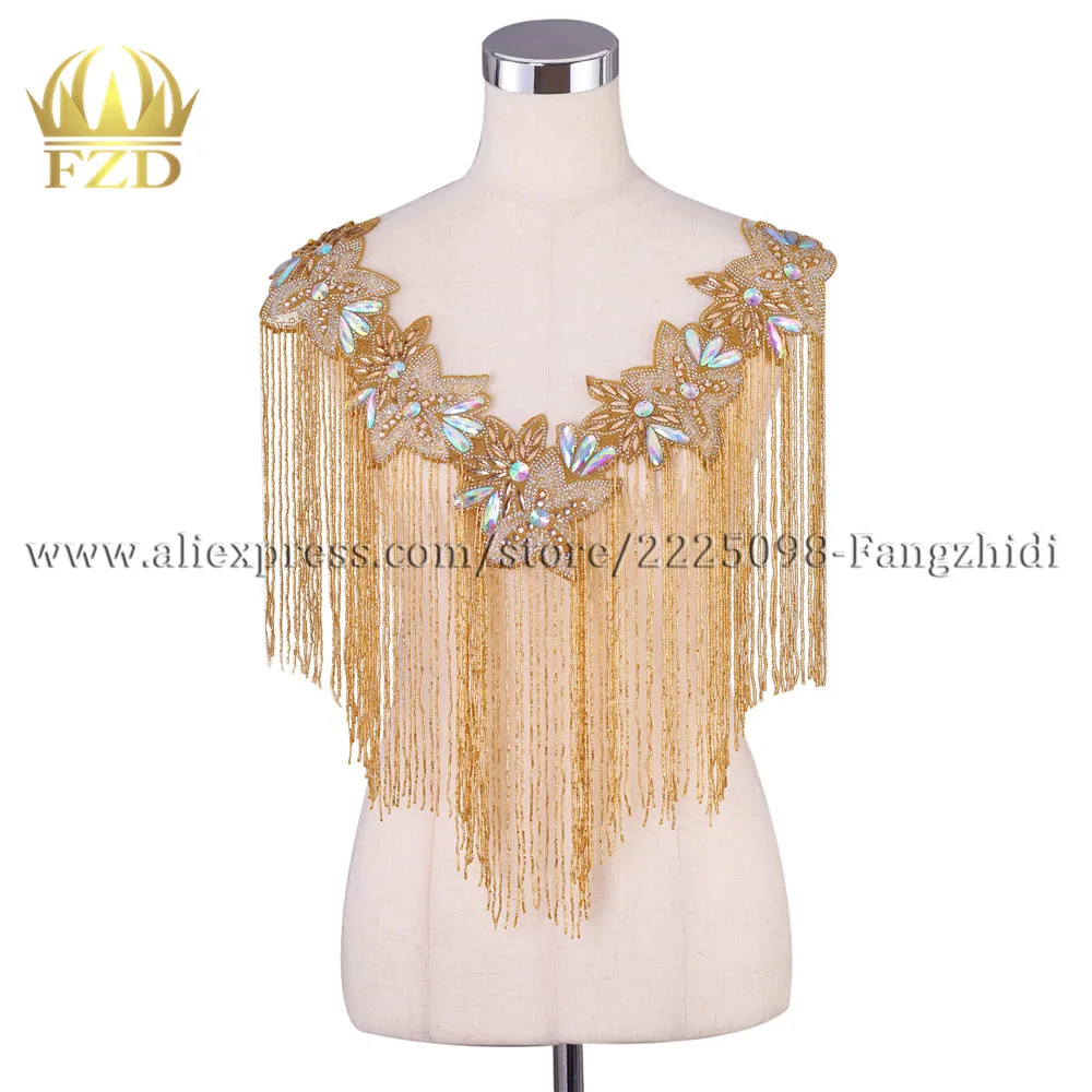 

FZD Wholesales 5 Pieces Tassel Gold Beade clothing Beads Fringe Rhinestone Applique Patches with Gauze for Women Evening Dress
