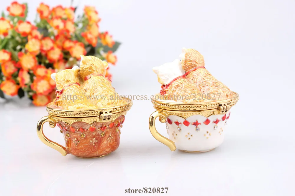 Cupcake Jewelry Trinket Box with 2 Cats with  Multi Color Crystals