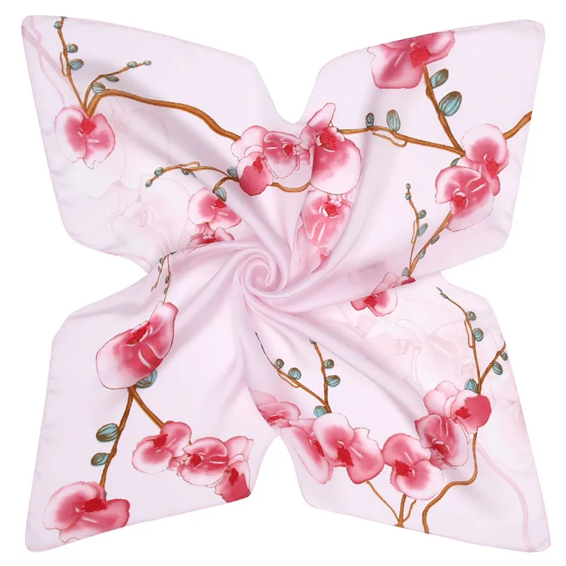 

53cm Wintersweet Floral Square Scarves New Silk Satin Scarf Womens Summer Bandanna Headband Neck Tie Band Neckerchief Turban