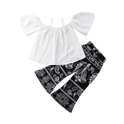 Модные однотонные краткое одежда для малышей для девочек кружева с открытыми плечами футболки широкие расклешенные брюки наряды