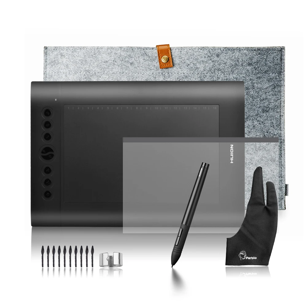 

Huion H610 Pro Art Graphics Drawing Digital Tablet Kit + Protective Film +15-inch Wool Liner Bag + Parblo Glove 10 Extra Nibs