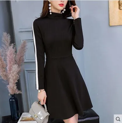 

2019 winter women's long sleeve one piece dresses female turuleneck black and green all match dress Slim Vestido