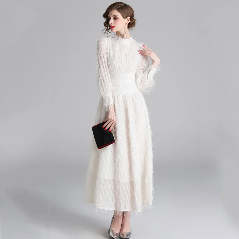 Trytree осеннее Элегантное повседневное однотонное платье с кисточками полиэфирное женское платье с рукавом-фонариком длиной до лодыжки ТРАПЕЦИЕВИДНОЕ офисное женское платье - Цвет: White