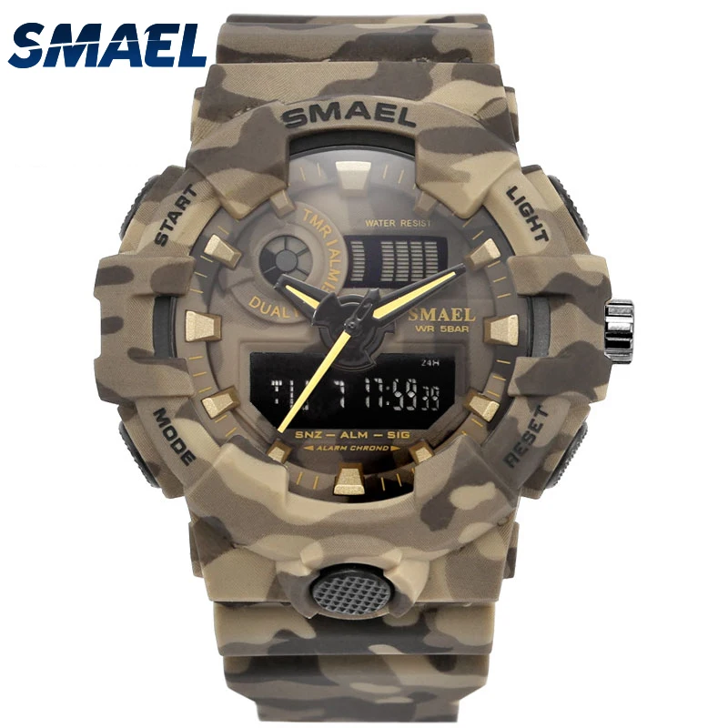 New Camouflage Military Watch SMAEL Brand Sport Watches LED Quartz Clock Men Sport Wristwatch 8001 Mens Army Watch Waterproof