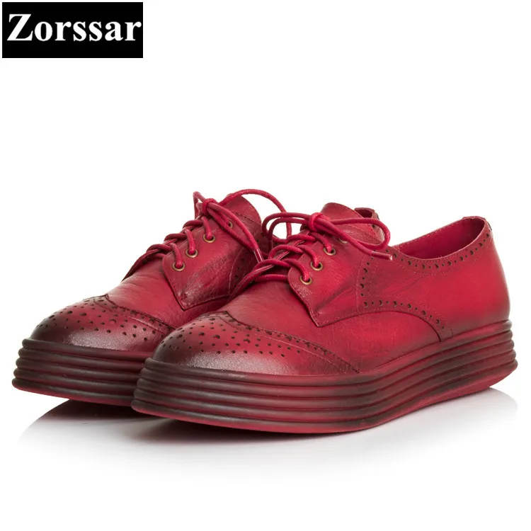 

{Zorssar} Spring and autumn Womens flat shoes Luxury brand Real leather woman loafers casual lace up women flats platform shoes
