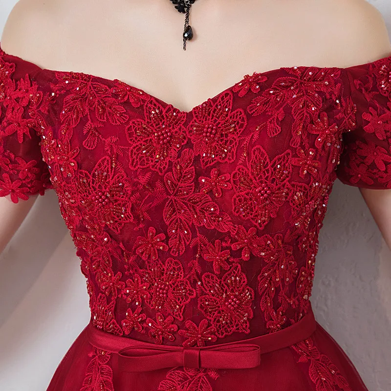 Robe De Soiree Wine Red Evening Dress Long Sweetheart Tulle with Appliques Beaded Long Prom Party Gown Abiye Robe De Soiree Wine Red Evening Dress Long Sweetheart Tulle with Appliques Beaded Long Prom Party Gown Abiye