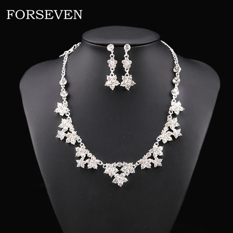 

Rhinestone Flower Wedding Jewelry Set Rhinestone Necklace with Earrings Bride Accessories Silver Chain Women Necklace Jewelry
