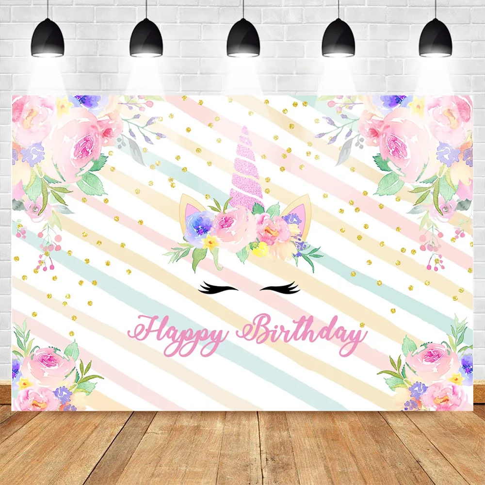 

Mehofoto Unicorn Themed Happy Girl's Birthday Party Photography Backdrops Unicorn Floral Stripes Glitter Cake Table Background