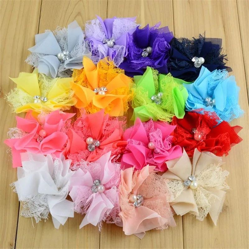 

50pcs/lot 16 Color U Pick 3.5 Inch Newborn Lace Chiffon Flowers Rhinestones Pearls In Center Wedding Decoration DIY Supply MH66