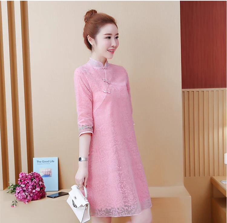 Розовое летнее платье для женщин, весна, плюс размер S-5XL, тонкое китайское платье Ципао с коротким рукавом, платье для девочек, Vestidos YM5875
