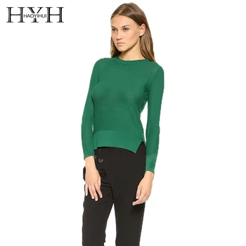 

HYH HAOYIHUI Fashion Women Sweater V-Neck Backless Asymmetrical Hem Solid Green Slim Street Style Casual Long Sleeve Sweater