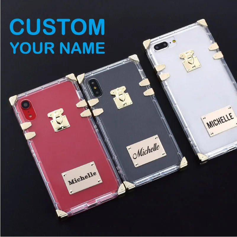 

Luxury Trunk Case Metal Plate Laser Engrave Custom Name Text Clear Phone Case For iPhone 6 6S XS Max XR 7 7Plus 8 8Plus X