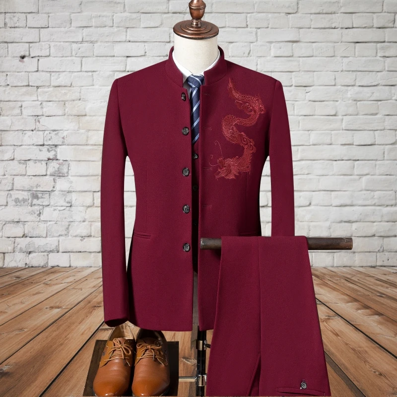 Мода китайский Стиль мужские костюмы Китай Дракон вышитые Slim Fit Комплект из 3 предметов комплекты блейзеры костюм платье Штаны жилет