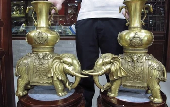 

China Palace Copper Brass FengShui 8 treasures Elephant God Zun bottle Vase Pair