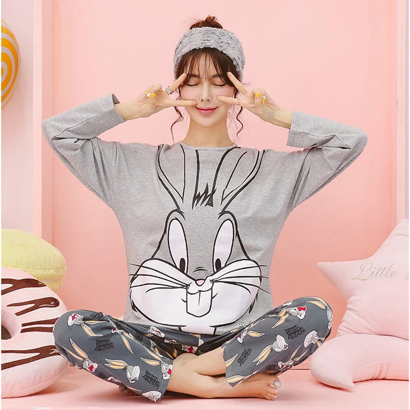 

Brand Spring Autumn Long Sleeved Cotton Women's Pajamas Set Cartoon Bugs Sleepwear Girls Pyjamas Mujer Lady Casual Home Clothing