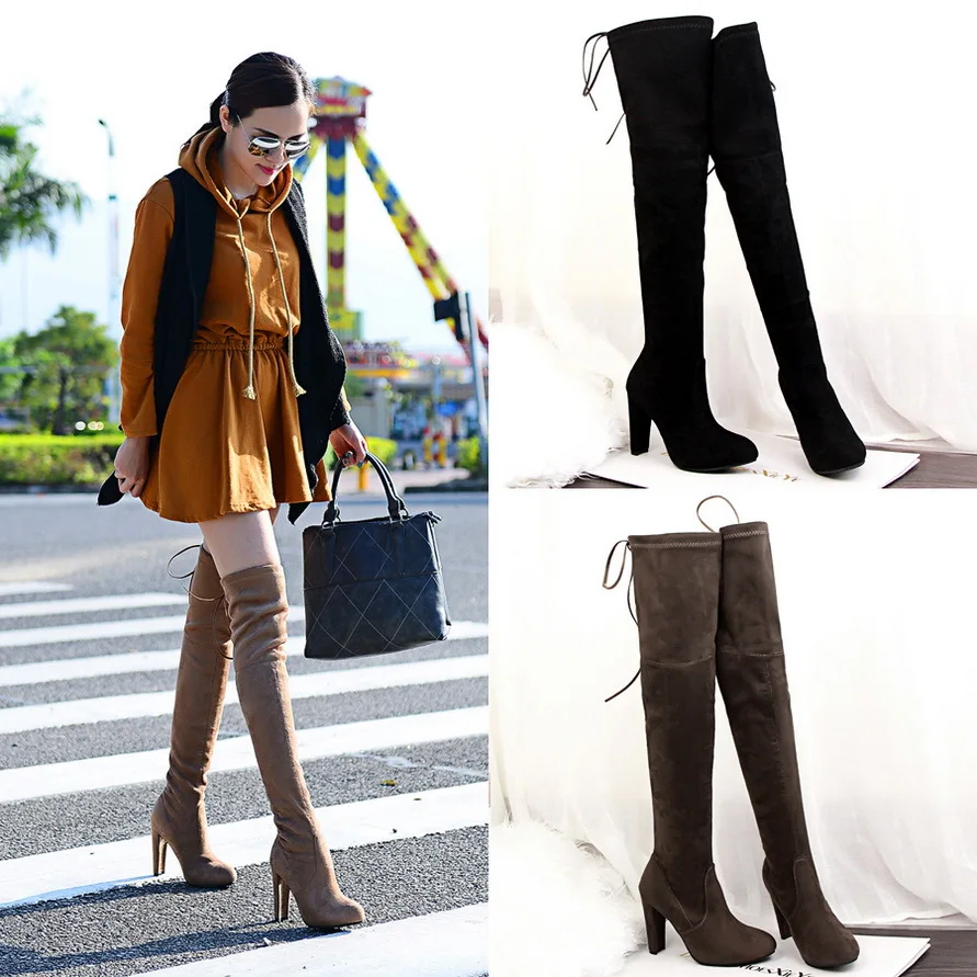 2016 Autumn Winter Women Boots Stretch Faux Suede Slim Thigh High Boots Fashion Sexy Over the Knee Boots High Heels Shoes Woman