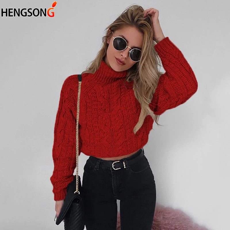

High Quality 2018 Autumn Winter Warm Thick Sweater Women's Turtleneck Sweater Pullovers Casual Slim Cropped Short Knit Sweaters