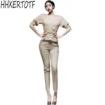 

2019 summer 2 Pieces Set Womens slash neck Striped shirt Suit Elegant Long Pants Trousers Work Office Ladies Suits