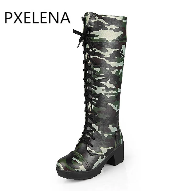 PXELENA military boots camouflage combat boots knee high boots round