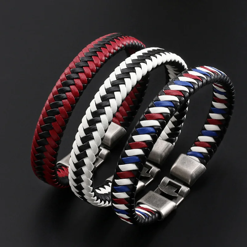 

Fashion Leather Bracelet Charm Woven Buckle Stainless Steel Clasp Braid Rope Chain Wristband for Women Men Vintage Gift