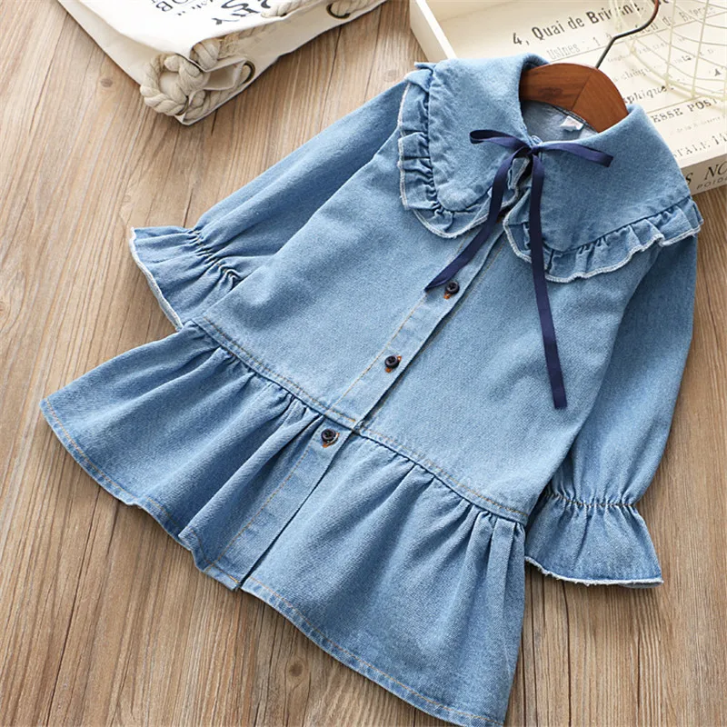 

0-6 years High quality girl dress 2019 spring new fashion full sleeves bow solid demin kid children clothing princess dress