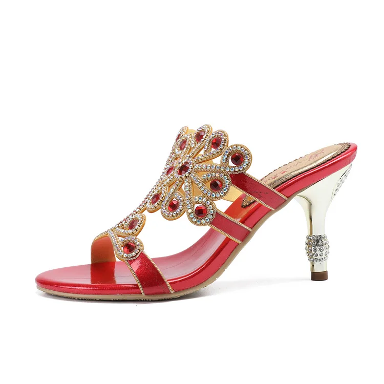G-sparrow Summer Women Fashion High Heel Stiletto Slippers New Diamond Luxury Elegant Shoes Red Size 1114