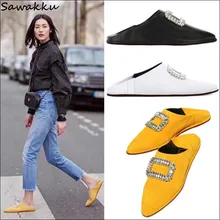 Новинка; модные женские туфли на плоской подошве с острым носком и украшением в виде кристаллов; tenis feminino; удобная обувь со складкой сзади; цвет желтый, черный, белый