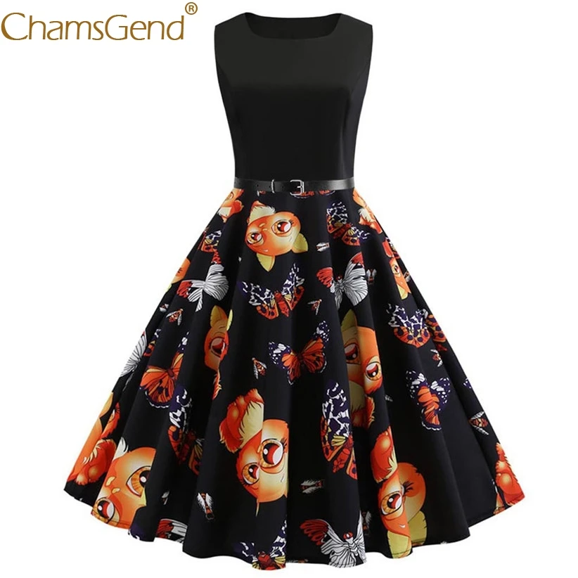

Newly Design Vintage Elegant Dress Woman Cat Butterfly Print Sleeveless Black Belt Swing Dress Vestidos for Evening Party 81224