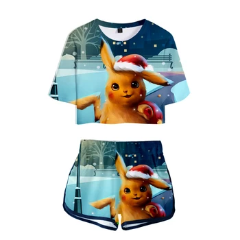 

Pokemon Detective Pikachu 3D Printed Women Two Piece Set Fashion Summer Short Sleeve Crop Top+Shorts Casual Streetwear Clothes