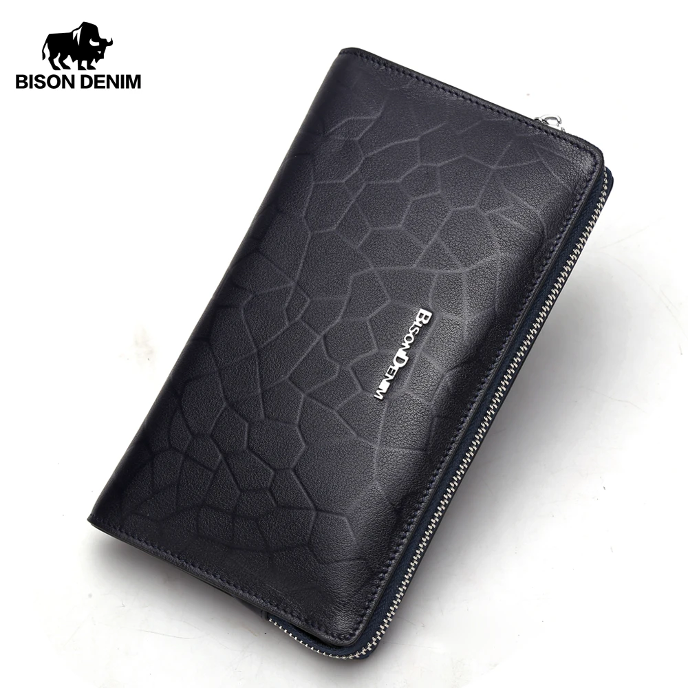 Кошелек BISON DENIM N8046 мужской из натуральной кожи деловой клатч темно синего цвета