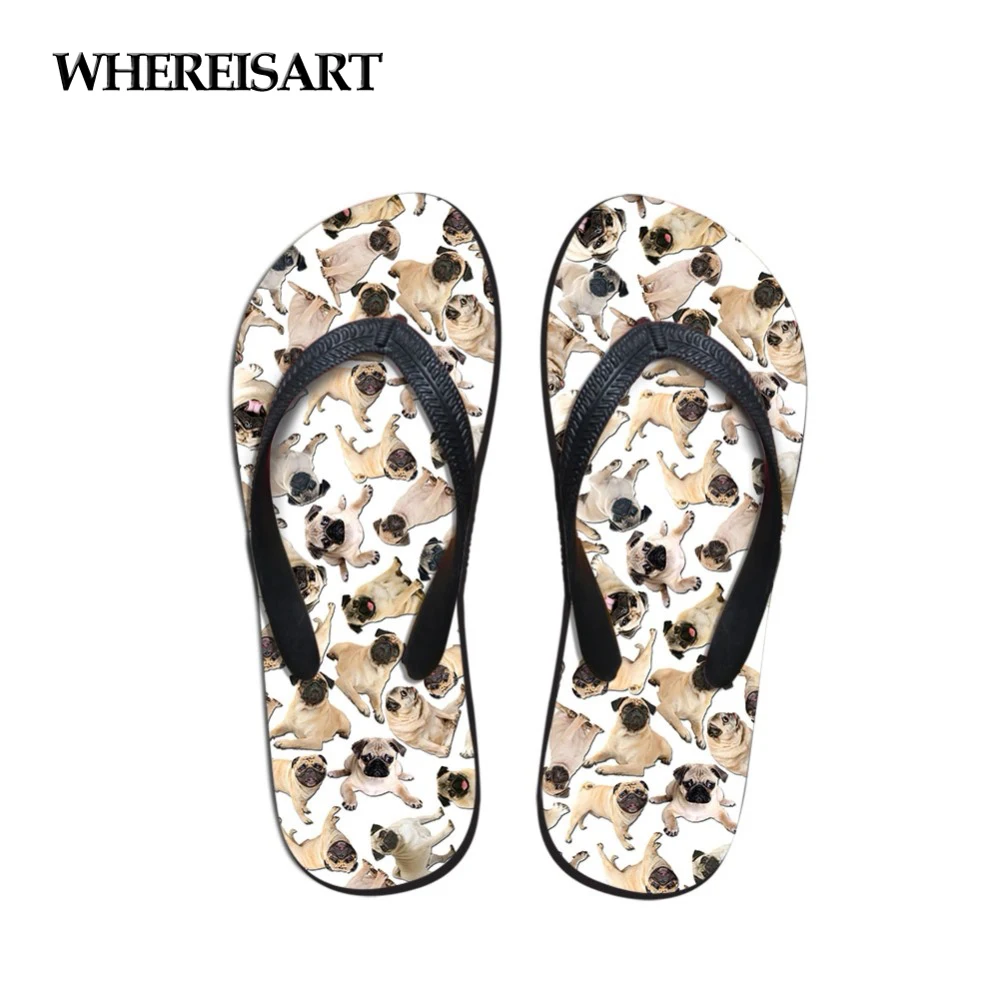 

WHEREISART Summer Flip Flops for Female Fashion Home Flipflops Casual Ladies Slippers Woman Pug Dog Print Beach Women's Shoes
