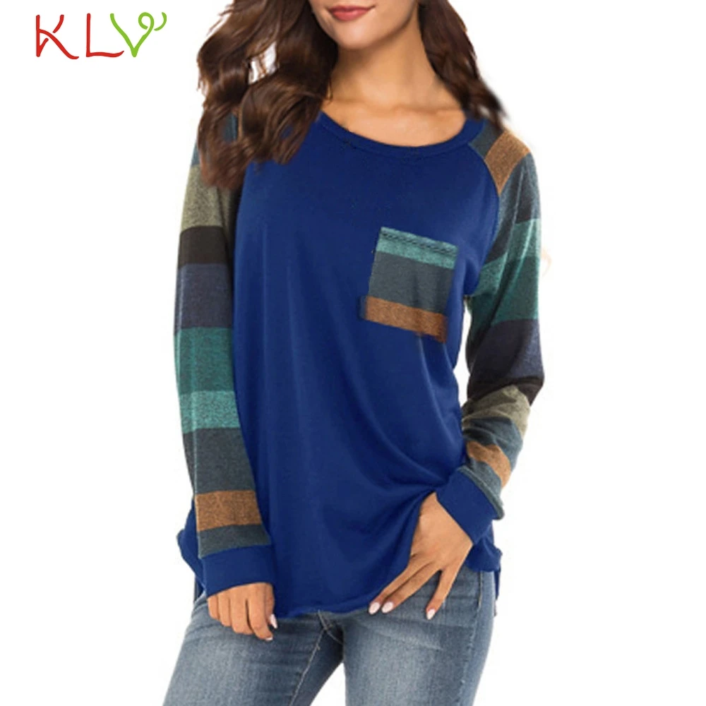 

Women T Shirt Striped Pocket Long Sleeve Femme Top For Autumn Loose 2019 Fashion Tee Female Et Chemisier Plus Size Winter 18Jan8