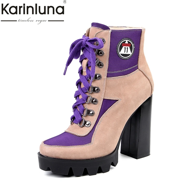 

Karinluna 2019 Brand Design Platform Genuine Leather Lace Up Women Party Ankle Boots Shoes Fashion Spike High Heels Woman Boots