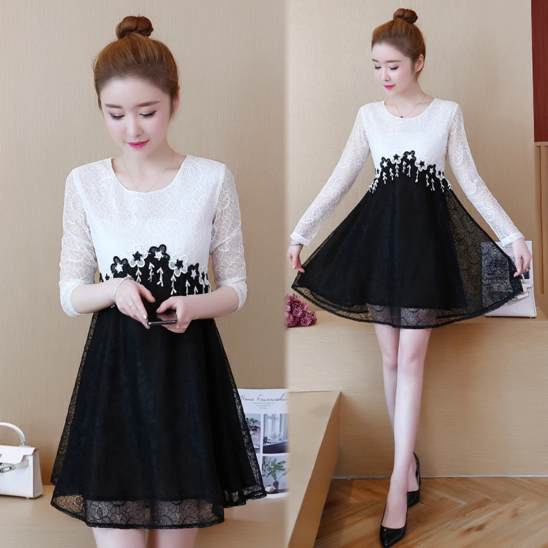 New spring autumn lace floral dress women long sleeve white and black a ...