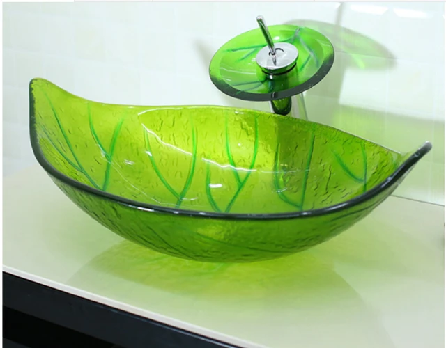 Green Leaf Vessel Sink Shapeyourminds Green Leaf Shaped Gl Handcraft Bathroom Vanity Wash Basin