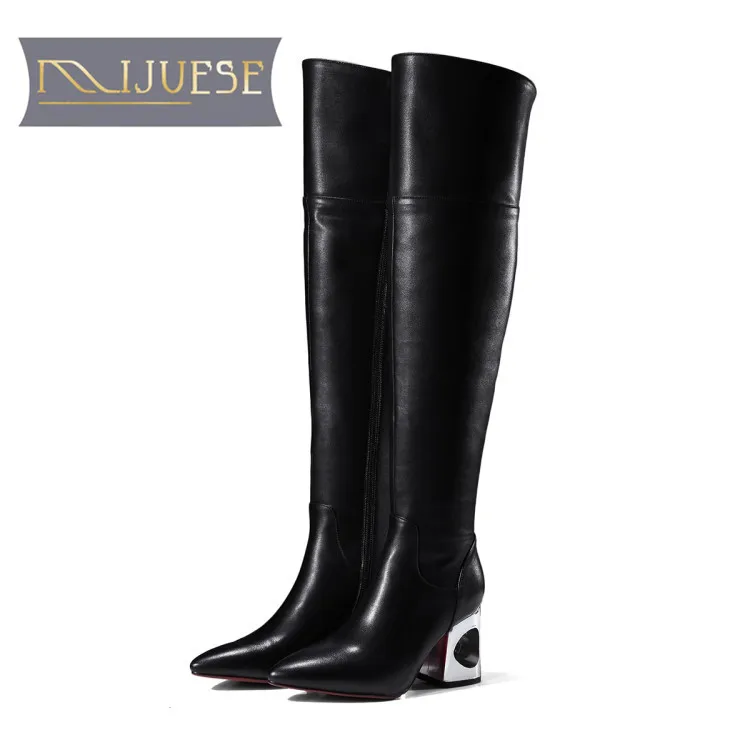 

MLJUESE 2018 women over the knee high boots cow leather winter warm boots high heels short plush high boots cutouts heel