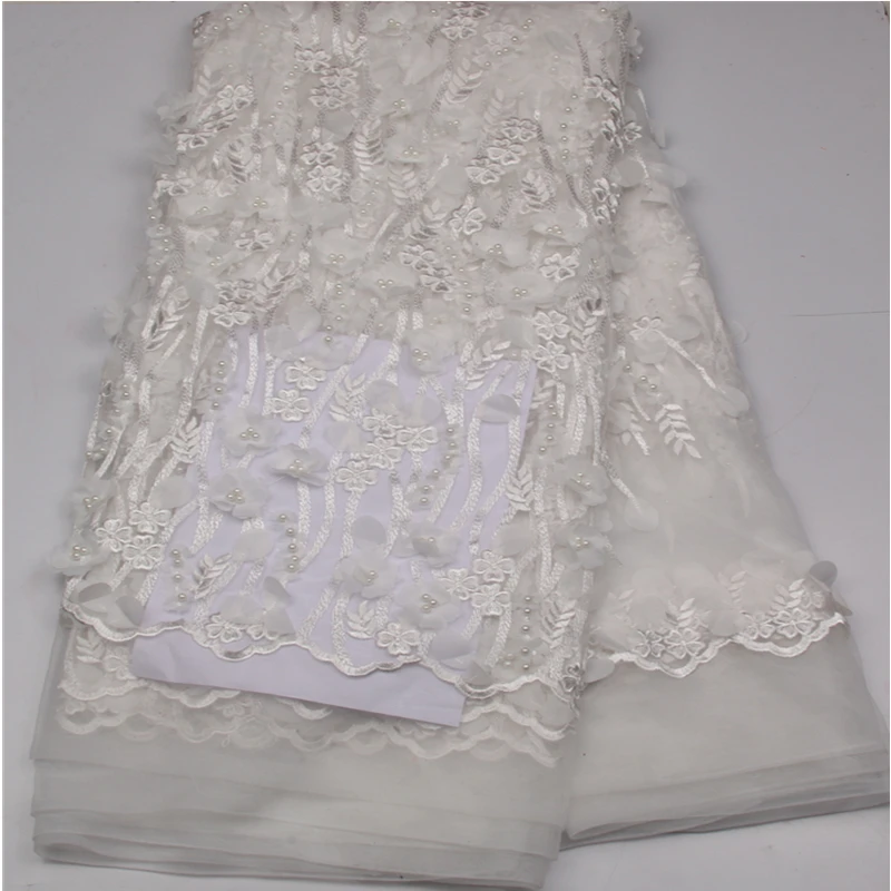 

High Quality 3 D Chiffon Print Lace Fabrics 2017 Latest beads African French Net Lace for White Elegant Women Dress XY692B-2