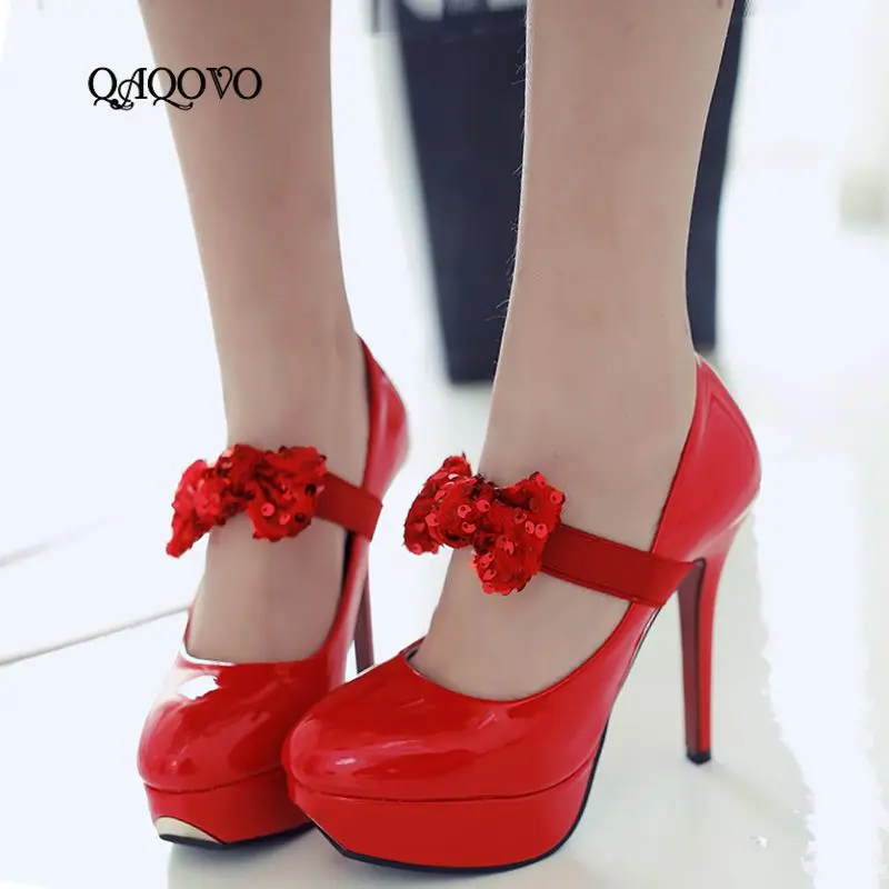 

Women Shoes Bow Mary Jane Pumps Fashion Platform Thin High Heels Spring Autumn Party Wedding Shoes Female Black Red White