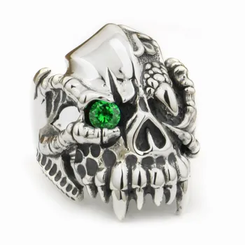 

LINSION 925 Sterling Silver Dragon Claw Round Green CZ Eye Mens Biker Rock Punk Skull Ring 9M202 US Size 7.5 to 15