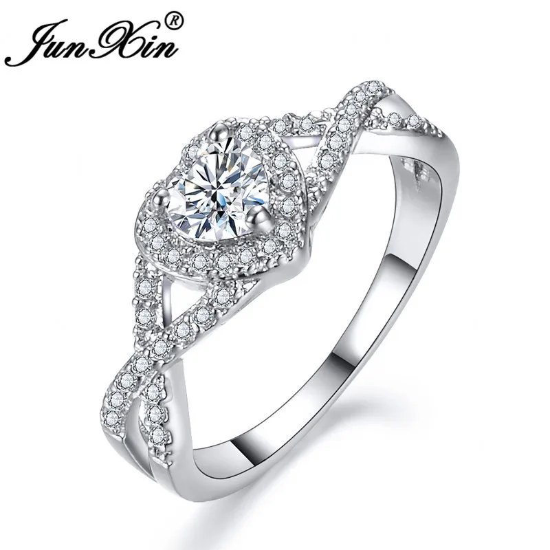 

JUNXIN Fashion Rainbow Fire Heart Zircon Wedding Rings For Women 925 Sterling Silver White Crystal Birthstone Infinity Ring CZ